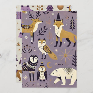 Invitación Animales Escandinavos Imprimibles Purple & Gold