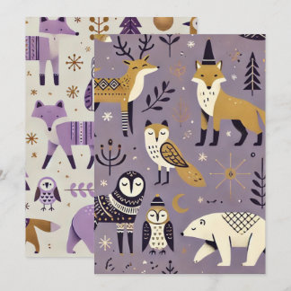 Invitación Animales Escandinavos Imprimibles Purple & Gold