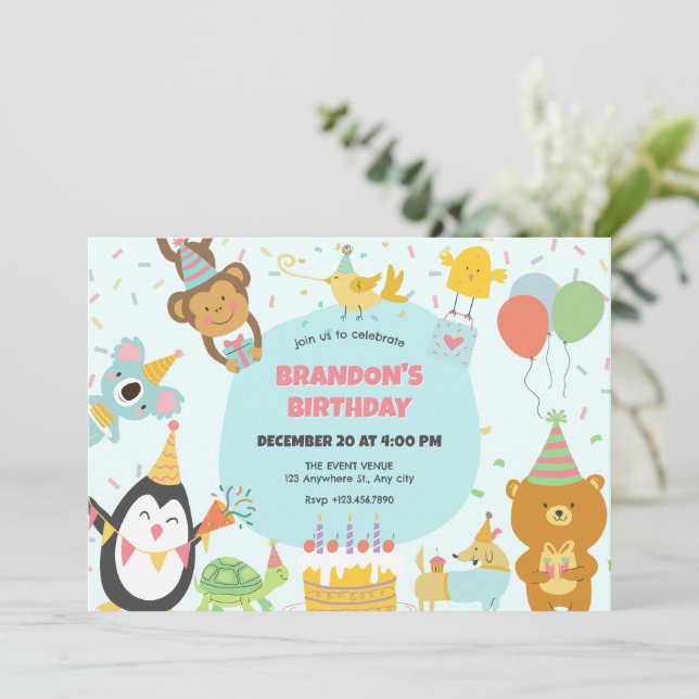 Invitación Animales fiestas (Anverso de pie)
