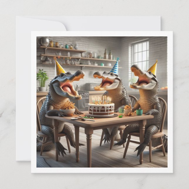 Invitación Animales fiestas, Crocodiles comiendo torta de cum (Anverso)