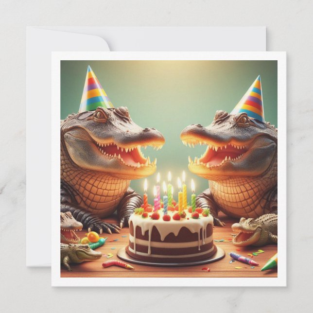 Invitación Animales fiestas, Crocodiles comiendo torta de cum (Anverso)