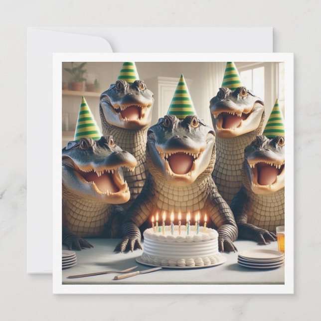 Invitación Animales fiestas, Crocodiles comiendo torta de cum (Anverso)