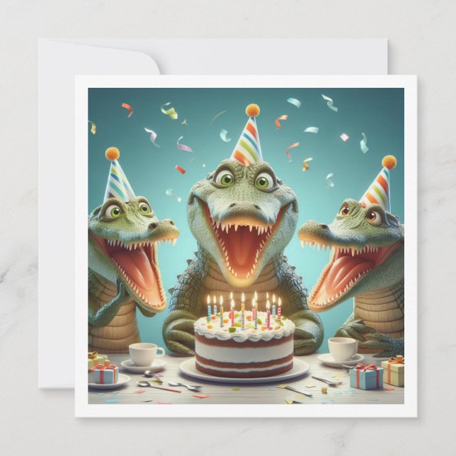 Invitación Animales fiestas, Crocodiles comiendo torta de cum (Anverso)
