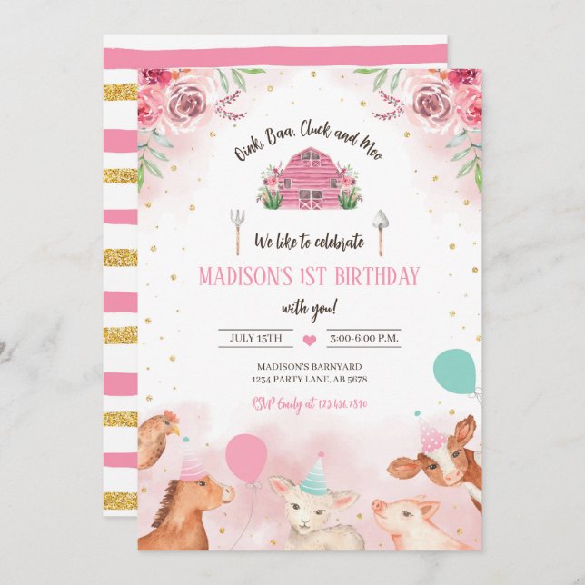 Invitación Animales Fiestas de granja (Anverso / Reverso)