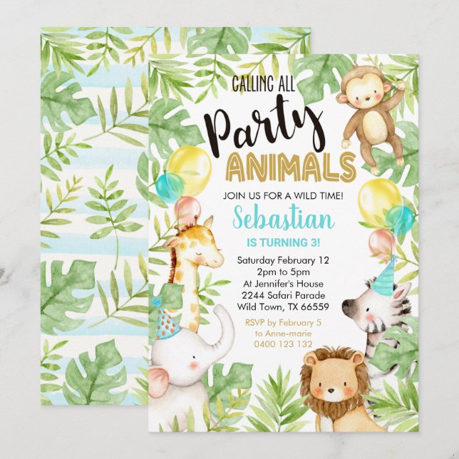 Invitación Animales Fiestas de la selva invitan a cumpleaños  (Anverso / Reverso)