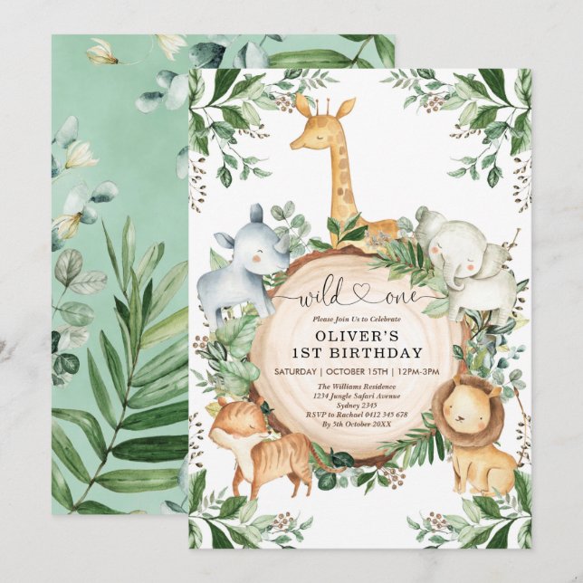Invitación Animales Fiestas de Safari salvajes de una jungla (Anverso / Reverso)