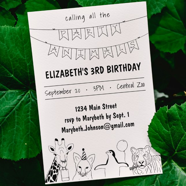 Invitación Animales fiestas dibujan cumpleaños de niño con do (calling all party animals kid's birthday invitation custom hand drawn doodle cute bday party )