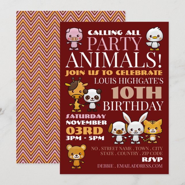 Invitación Animales fiestas, fiesta de cumpleaños de Chevron (Anverso / Reverso)