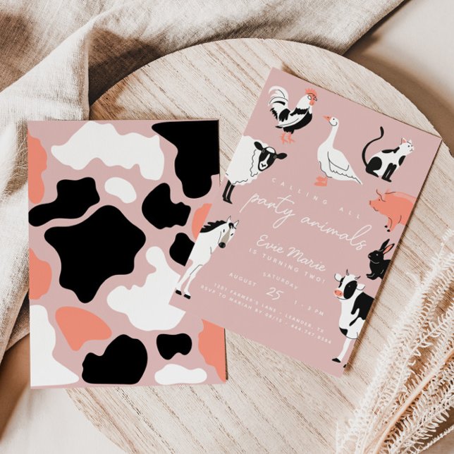 Invitación Animales fiestas | Niños rosados Animales de la gr (Fully customizable colors for background, text & animals!)