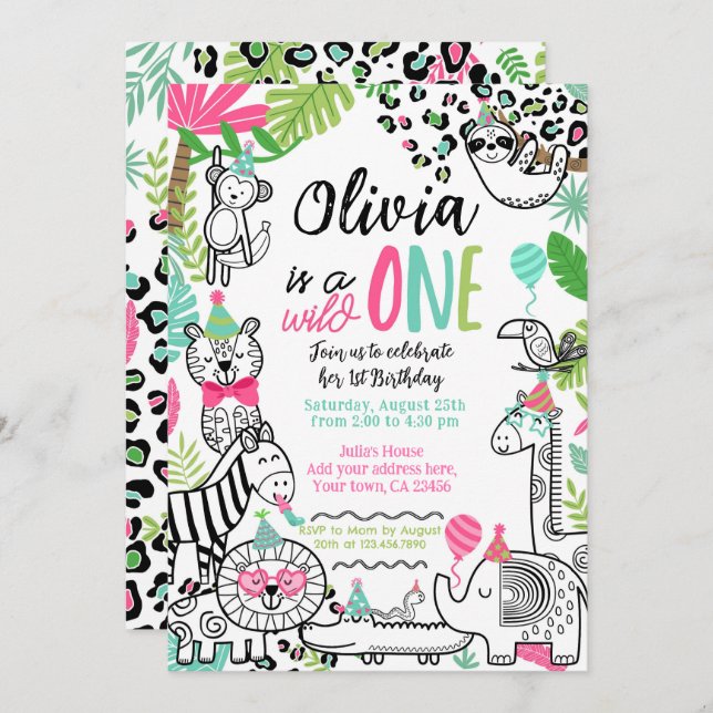 Invitación Animales fiestas, Safari de la Selva Primer Cumple (Anverso / Reverso)