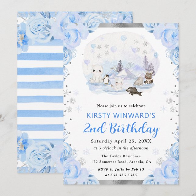 Invitación Animales Florales Árticos Acuarela Cumpleaños 2 (Anverso / Reverso)
