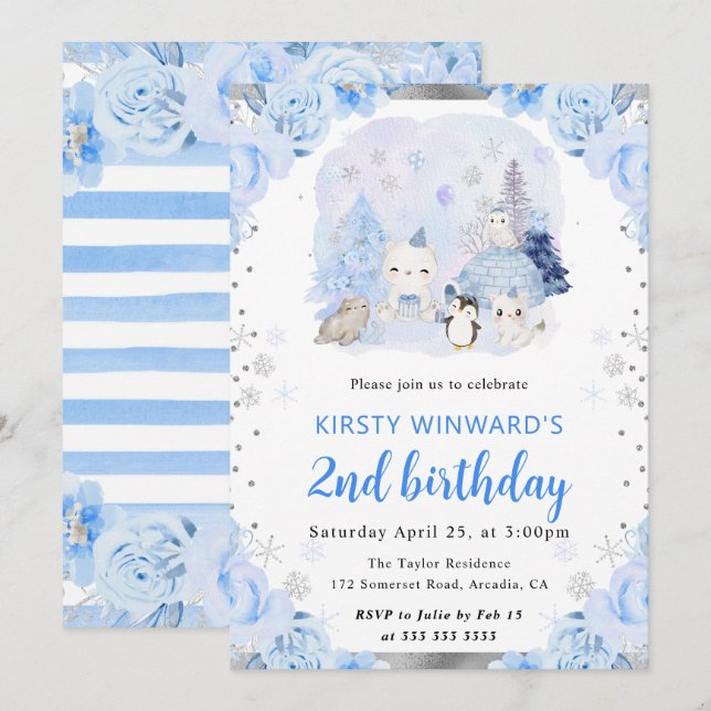 Invitación Animales Florales Árticos Acuarela Cumpleaños 2 (Anverso / Reverso)