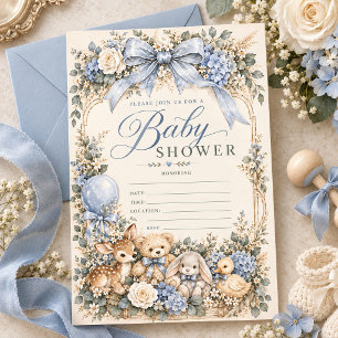 Invitación Animales Florales del Bosque Azul Vintage para el