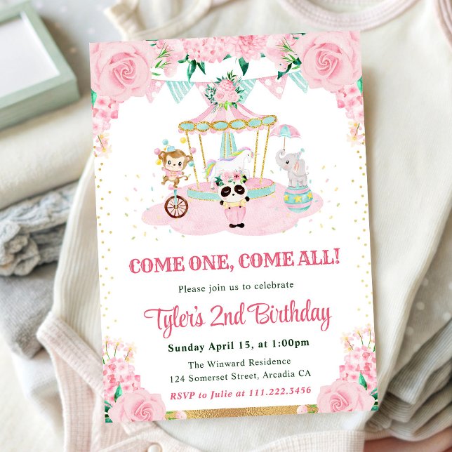 Invitación Animales Flores Rosadas Aquarela Fiesta de Cumplea (Subido por el creador)