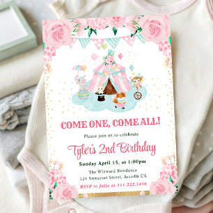 Invitación Animales Flores Rosadas Aquarela Fiesta de Cumplea