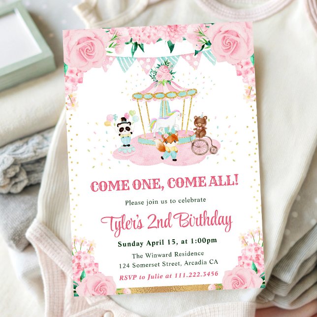 Invitación Animales Flores Rosadas Aquarela Fiesta de Cumplea (Subido por el creador)