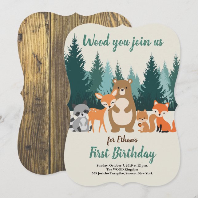 Invitación Animales forestales en los bosques Primer cumpleañ (Anverso / Reverso)