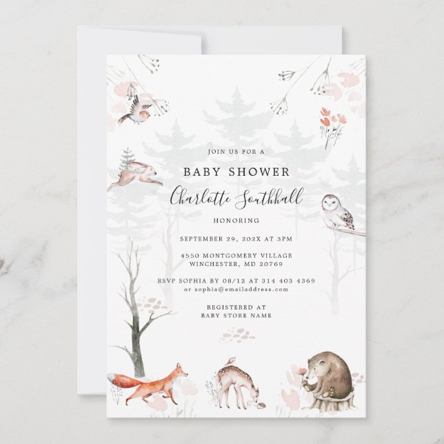 Invitación Animales forestales guión de Baby Shower moderno (Anverso)