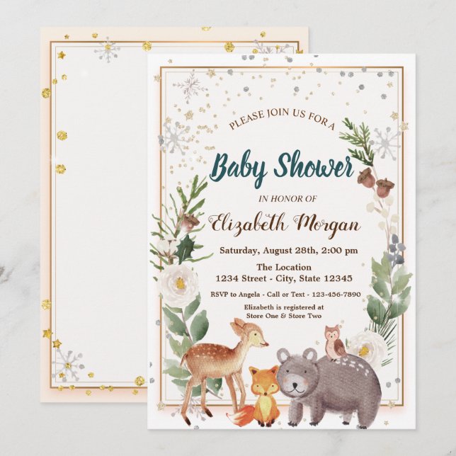 Invitación Animales forestales Snowflakes Baby Shower (Anverso / Reverso)