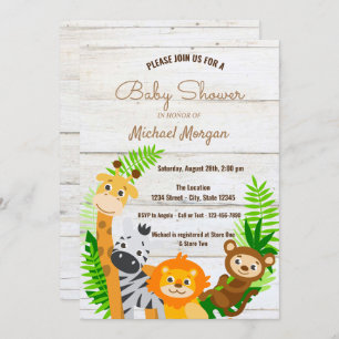 Invitación Animales forestales, textura de madera, Baby Showe