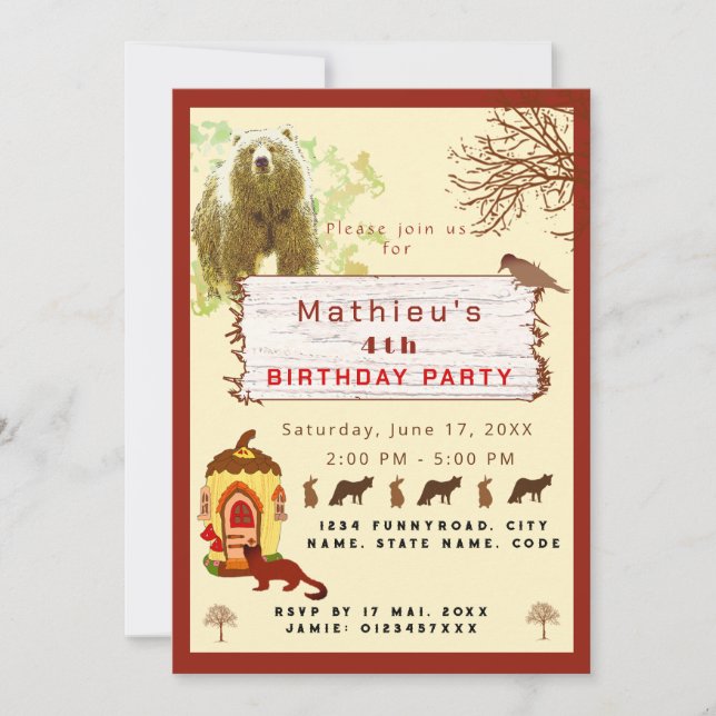 Invitación Animales infantiles y fiesta de cumpleaños de árbo (Anverso)