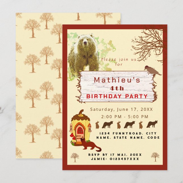 Invitación Animales infantiles y fiesta de cumpleaños de árbo (Anverso / Reverso)