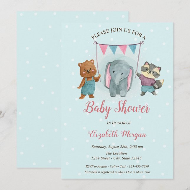 Invitación Animales Lindos, Cumpleaños de Bebé con Lunares Az (Anverso / Reverso)