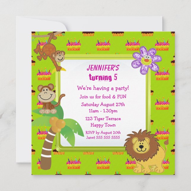 Invitación Animales lindos de la selva y fiesta de cumpleaños (Anverso)