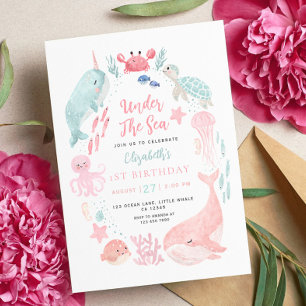 Invitación Animales lindos del océano Cumpleaños de niña de 1