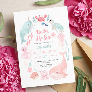 Invitación Animales lindos del océano Cumpleaños de niña de 1