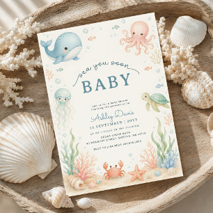 Invitación Animales Marinos Acuarela Fiesta de Bebé Te Veré P