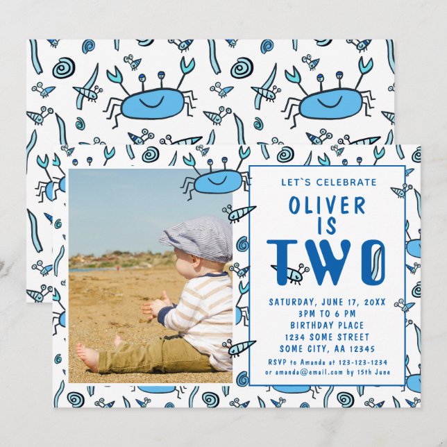 Invitación Animales Marinos Cangrejo Lindo Caparazón Niño Fot (Anverso / Reverso)