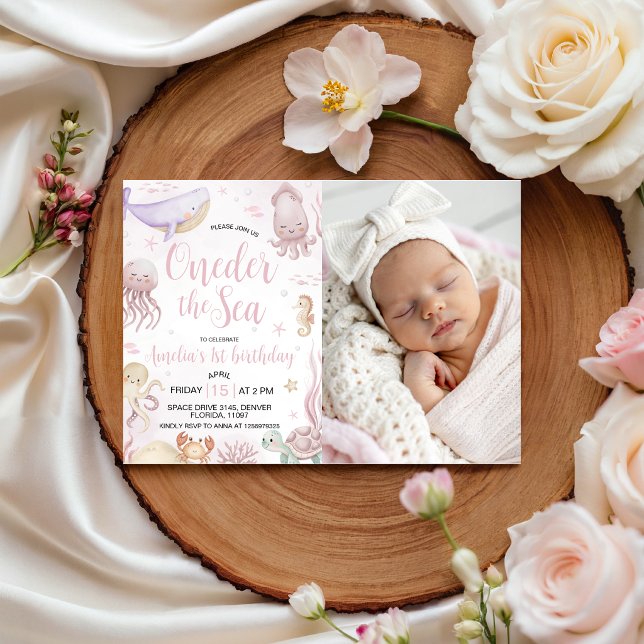 Invitación Animales Marinos Pastel Foto Cumpleaños 1er (Subido por el creador)
