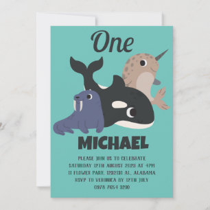 Invitación Animales marinos simple moderno lindo primer bebé