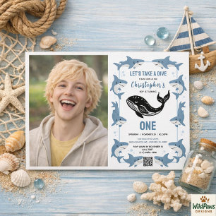 Invitación Animales Marinos Tiburón Cumpleaños 1 Bajo el Ma