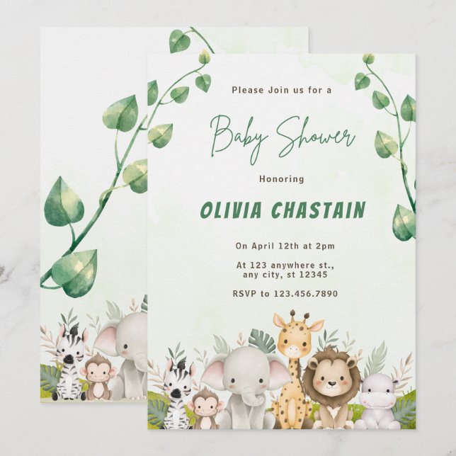 Invitación Animales modernos del bosque Fiesta de bebé niña (Anverso / Reverso)