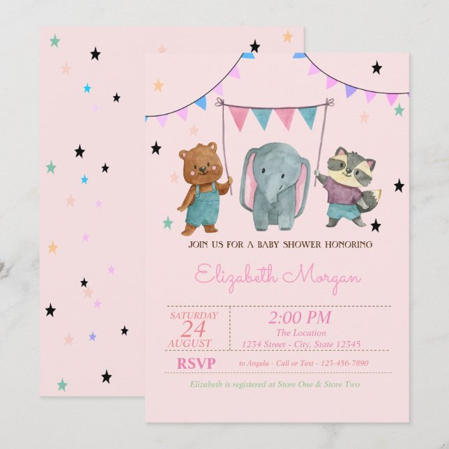 Invitación Animales para bebés, Baby Shower para estrellas (Anverso / Reverso)