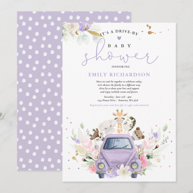 Invitación Animales Purple Floral Safari Manejados Por Baby S (Anverso / Reverso)
