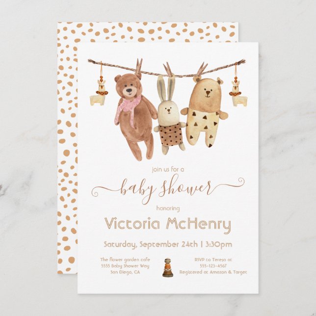 Invitación Animales rellenos Boho Clothesline Baby Shower (Anverso / Reverso)
