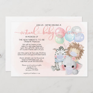 Invitación Animales rosados de 3 cometas en Baby Shower virtu