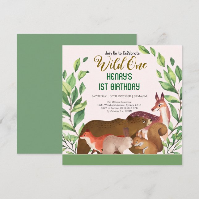 Invitación Animales rústicos boscosos silvestres un cumpleaño (Anverso / Reverso)
