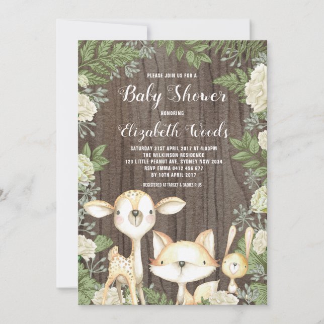 Invitación Animales rústicos de Woodland Baby Shower botánico (Anverso)