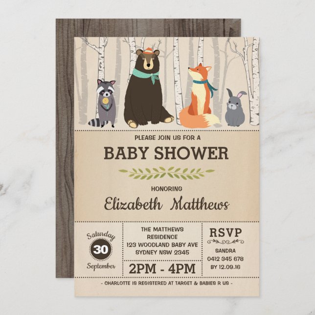 Invitación Animales rústicos del bosque Baby Shower Woodland (Anverso / Reverso)