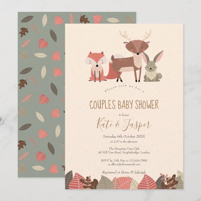 Invitación Animales Rústicos del Bosque Parejas Baby Shower e (Anverso / Reverso)