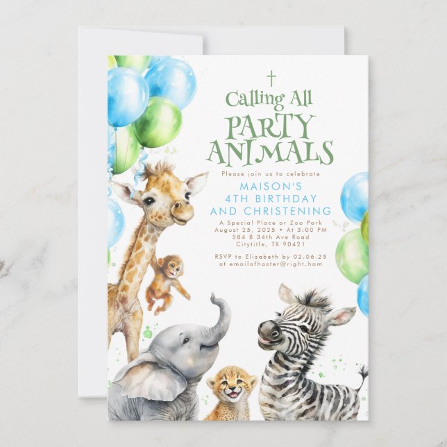 Invitación Animales Safari adoran cumpleaños y cristalización (Anverso)