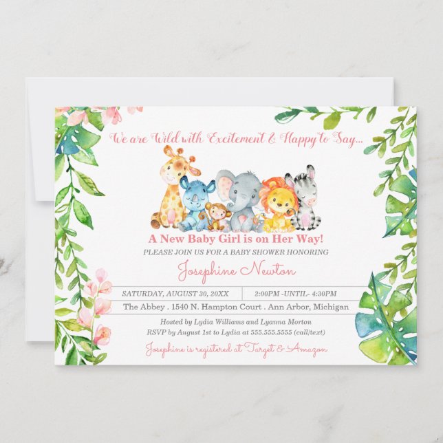 Invitación Animales Safari Chica de la selva salvaje Baby Sho (Anverso)