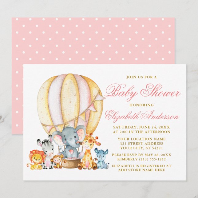 Invitación Animales Safari con puntos de globo rosado Baby Sh (Anverso / Reverso)