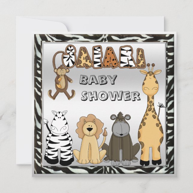 Invitación Animales Safari Cute Baby Shower Plata Neutral (Anverso)