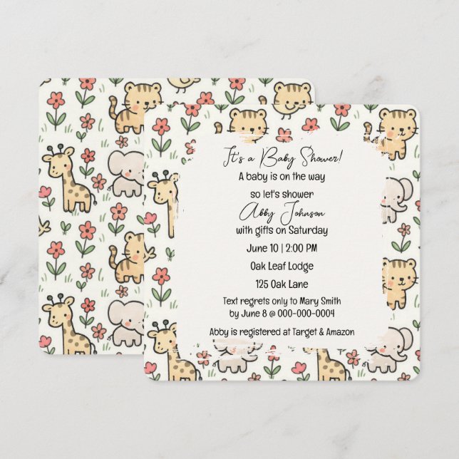 Invitación Animales Safari de Baby Shower con flores (Anverso / Reverso)