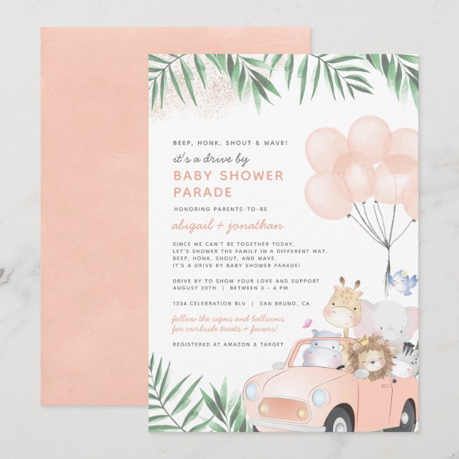 Invitación Animales Safari De Coche Rosado De Rubor Manejados (Anverso / Reverso)